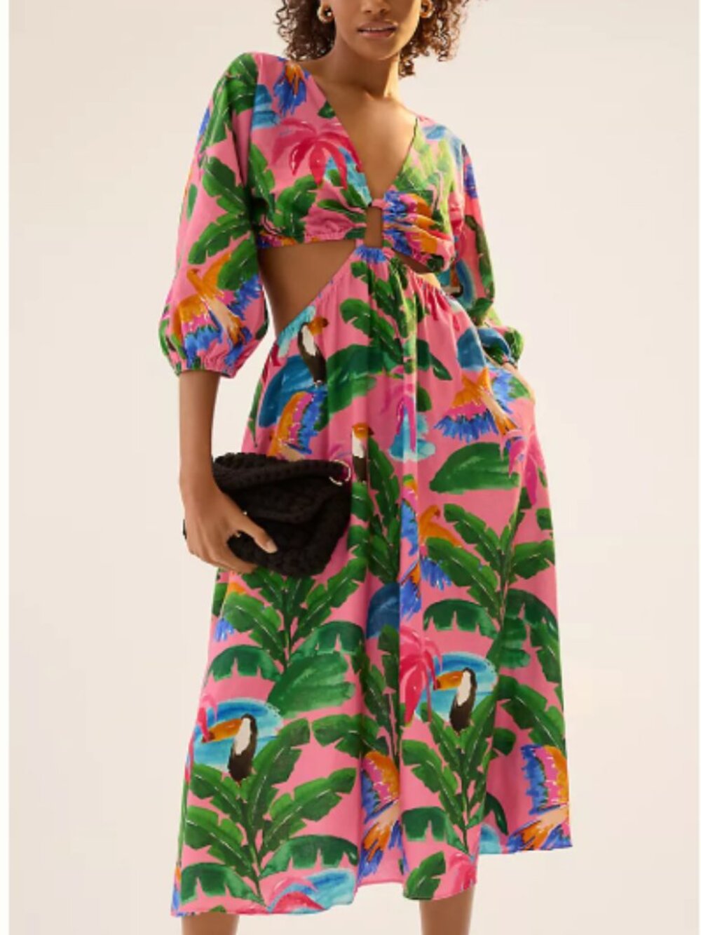 Farm Rio x Anthropologie V-Neck Cutout Dress Color Tropical Toucan Large - Picture 2 of 10